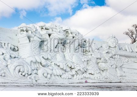 Harbin, China - February 2013: Snow sculptures in the 25th China Harbin Sun Island International Snow Sculpture Art Expo. Located in Harbin City, Heilongjiang, China.