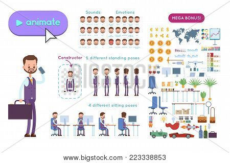Big set for animation business advertising. Businessman in a vest with a beard and mustache holding a case and phone. On a white background
