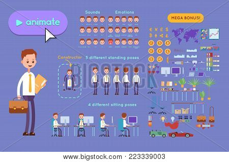 Big set for animating business advertising. Young businessman in a shirt with a briefcase and a paper folder in his hands. On a violet background