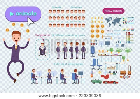Big set for animating business advertising. Young businessman in a purple suit jumps from happiness with coins cryptocurrency. On a transparent background