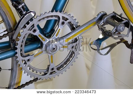 Bangkok, Thailand - November 23, 2012: Vintage bicycle component CAMPAGNOLO: Crankset, Pedals equipped on Italian bicycle MASI display at A Day Bike Fest 2012, Bangkok