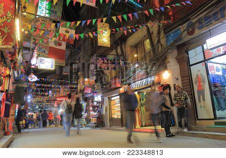 Kathmandu Nepal - November 10, 2017: Unidentified People Visit Thamel Shopping Street In Kathmandu N
