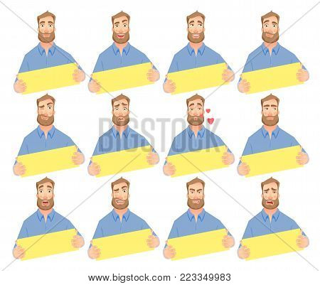 Man holding blank card. Businessman holding business card. Vector set