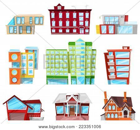 Building facade of house in cityscape vector officebuilding or apartments architectural construction of city bank or hotel and business newbuild set illustration isolated on white background.