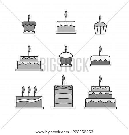 Simple cakes icons. Desaturated sweets stickers illustration
