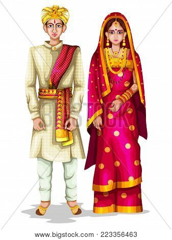 easy to edit vector illustration of Karnatakan wedding couple in traditional costume of Karnataka, India