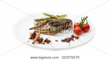 live cancer with vegetables on a white plate