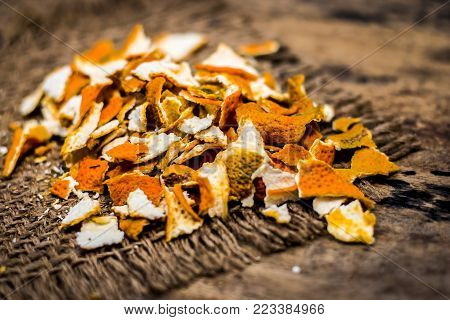 Close Up Of Dried Peel Of Orange,citrus Aurantium On A Gunny Background Used As A Face Pack And For