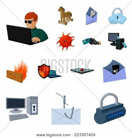 Hacker and hacking cartoon icons in set collection for design. Hacker and equipment vector symbol stock  illustration.