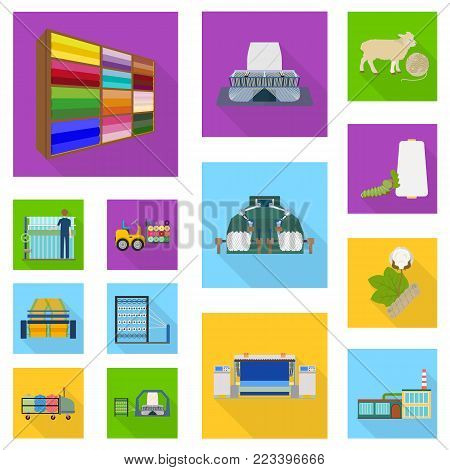 Textile industry flat icons in set collection for design.Textile equipment and fabrics vector symbol stock  illustration.