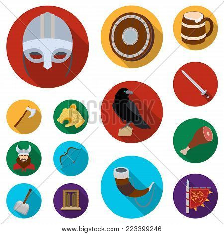 Vikings and attributes flat icons in set collection for design.Old Norse Warrior vector symbol stock  illustration.