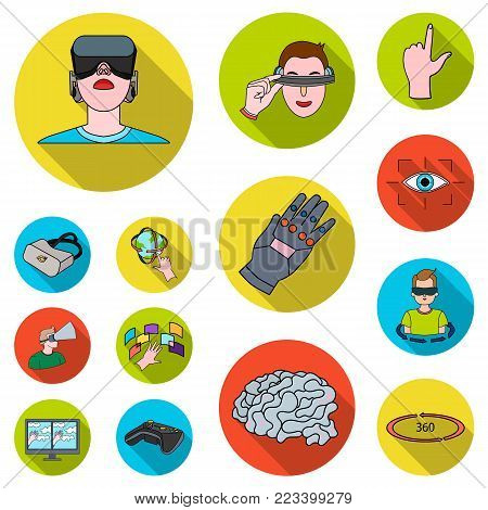 A virtual reality flat icons in set collection for design. Modern technology and equipment vector symbol stock  illustration.