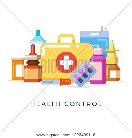 Bright first aid kit concept isolated on white background. Vector illustration