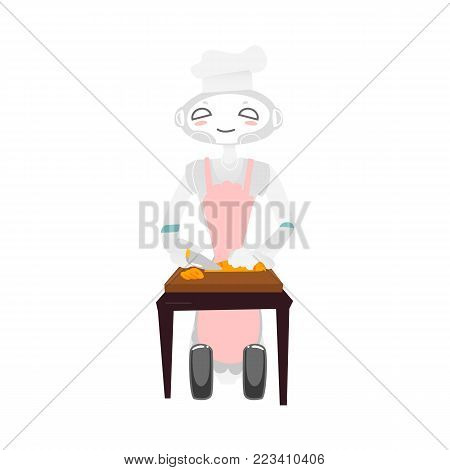 Wheeled robot assistant in chef hat and apron cooking, chopping vegetables, artificial intelligence concept, flat cartoon vector illustration isolated on white background. Funny robot chef cooking