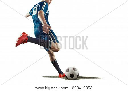 The one caucasian soccer player man with ball isolated on white background