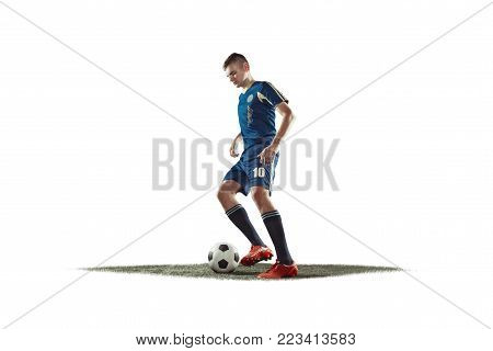The one caucasian soccer player man with ball isolated on white background