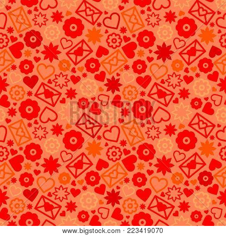 Valentines Day red seamless pattern, passion background with many objects, vector illustration with hearts, flowers and love letters