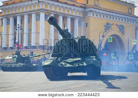 SAINT PETERSBURG, RUSSIA - MAY 09, 2017: A heavy self-propelled artillery cannon Msta-S on a parade in honor of the Victory Day