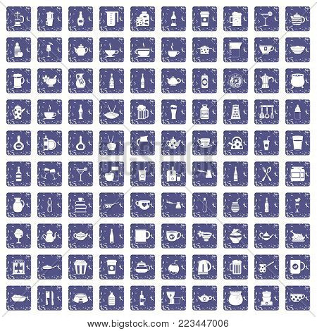 100 utensil icons set in grunge style sapphire color isolated on white background vector illustration