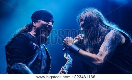 TOLMIN, SLOVENIA - JULY 24TH: SINGER STU BLOCK AND GUITAR PLAYER JON SCHAFFER OF AMERICAN HEAVY POWER METAL BAND ICED EARTH PERFORMING AT METALDAYS FESTIVAL ON JULY 24TH, 2018 IN TOLMIN, SLOVENIA