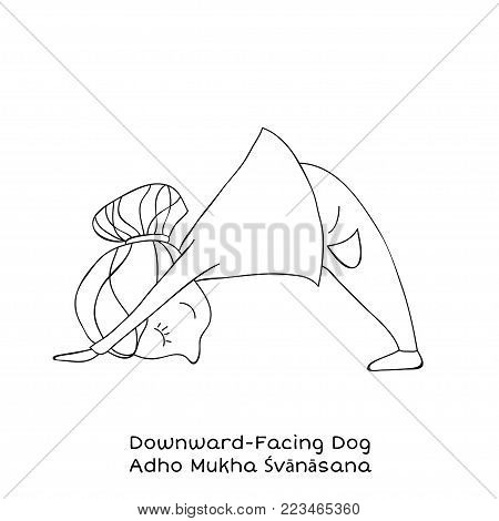 Cute little girl is practicing yoga. Kid in downward-facing dog pose. Cartoon Vector illustration