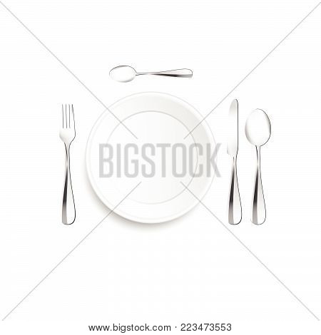 plate and cutlery setting in silver illustration on white background