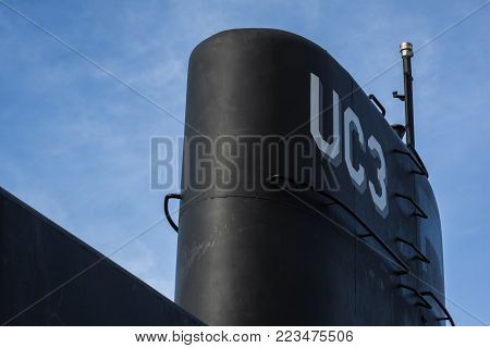 Submarine UC3 in Copenhagen harbor against blue sky. The owner Peter Madsen is charged  with manslaughter of the jounalist Kim Wall. Copenhagen, Denmark, October 26, 2017