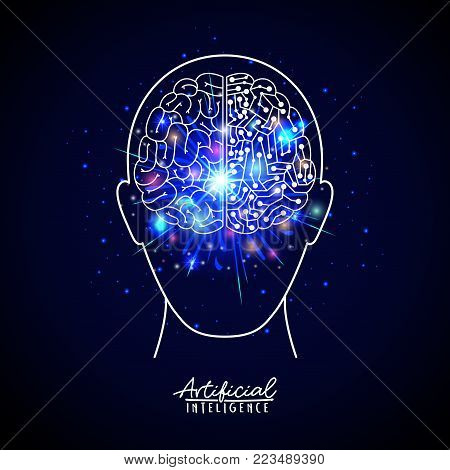 artificial intelligence poster with human head silhouette with brain in transparency over dark blue background with sparkles vector illustration