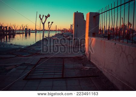Sunset In The Flooded City Of Epecuen In Buenos Aires