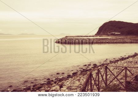 Gloomy seascape line horizon Sea Lighthouse. Natural background