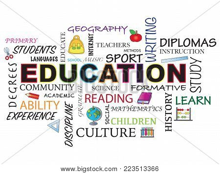 Education word concept illustration with icons in white background