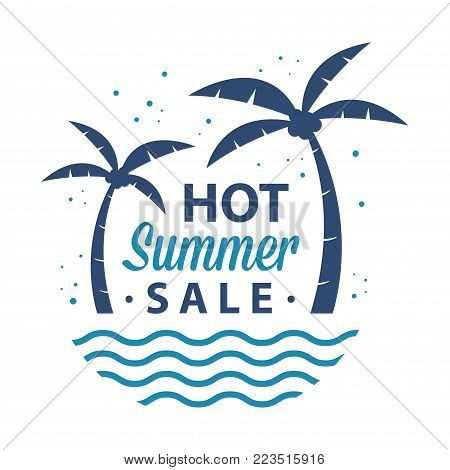Vector stock illustration of summer sale advertisement, a sign, or symbol with palm trees and waves