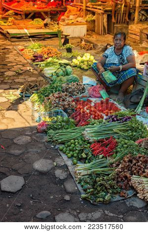 Maumere, Indonesia - May 9: An Unidentified Woman Sells Vegetables At The Primary Market In Maumere,
