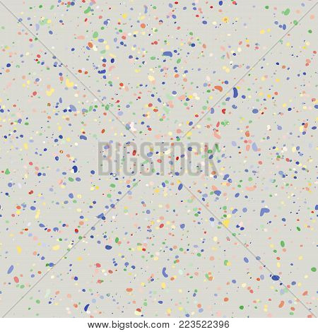 Terrazzo marble seamless pattern. Endless background with granite stone texture. Colorful spots on light background. Trendy vector backdrop.