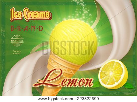 Lemon yellow ice cream in the cone advertising package design,