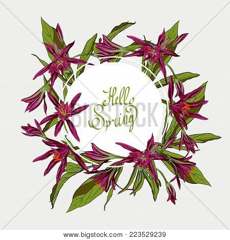 Hand Drawn Flowers Lilies Isolated vector illustration in line art style. round frame, hello spring Template card, invitation, banner, design element.