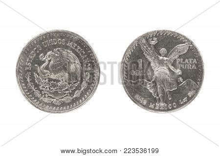 Mexico silver coin 1oz 1982 isolated white background
