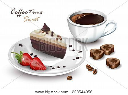 Coffee cup and Sweet cake slice Vector realistic. Coffeetime card