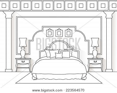 The interior of the bedroom in the outline style. Room with furniture. Linear illustration.