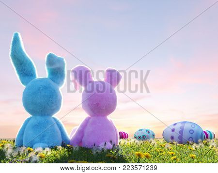 3d rendering. two easter rabbits sitting in lawn with easter eggs