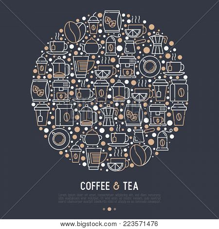 Coffee and tea concept in circle with thin line icons: take away paper cups, cezve, coffee machine, teapot, cappuccino, cup, tea with lemon, grinder. Modern vector illustration for banner, web page, print media.