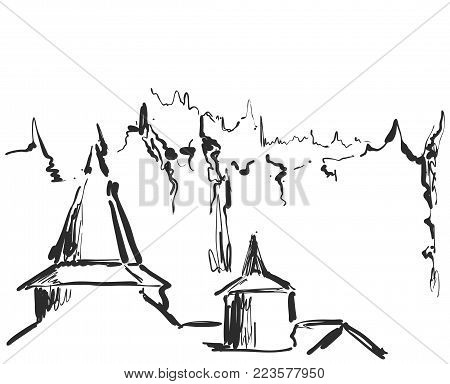 Landscape sketch. Hand drawn tree and house
