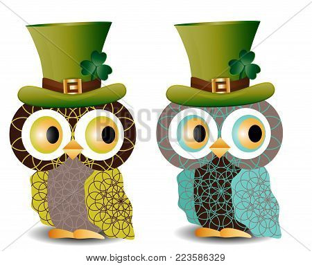 Beautiful, refined owls with a pattern in a green hat with a shamrock to the day of St. Patrick