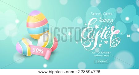 Vector horizontal template for sale banner for Happy Easter with colored eggs, a broken eggshell, bunny ears and a pink ribbon. Holiday blue background for design of flyers with discount offers.