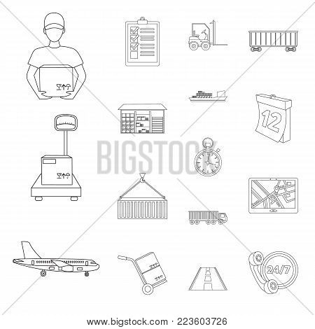 Logistics service outline icons in set collection for design. Logistics and equipment vector symbol stock  illustration.