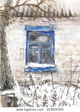 Watercolor painting.  Hand drawn wall with window of an old abandoned house. Winter village scene.