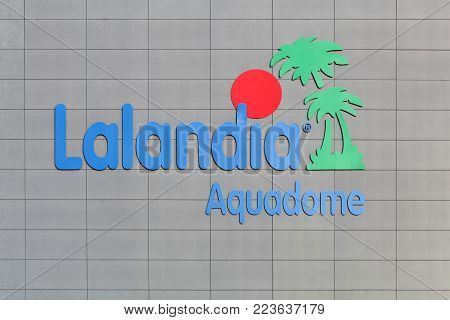 Billund, Denmark - January 4, 2018: Lalandia aquadome lgo on a wall. The Lalandia Aquadome in Billund is Scandinavia's largest waterpark