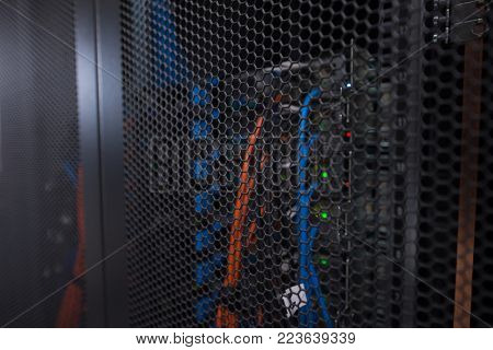 closeup of a modern data center hardware  rear side of storage server