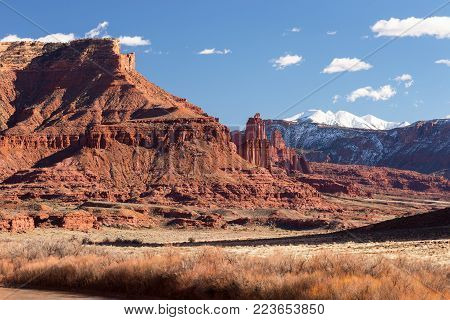 Fisher Towers Recreation site is along Utah`s Scenic Colorado River way into Moab Utah. Area was very popular with several motion pictures that were filmed near Fisher Towers. The La Sal mountains are a backdrop to the Fisher Towers.