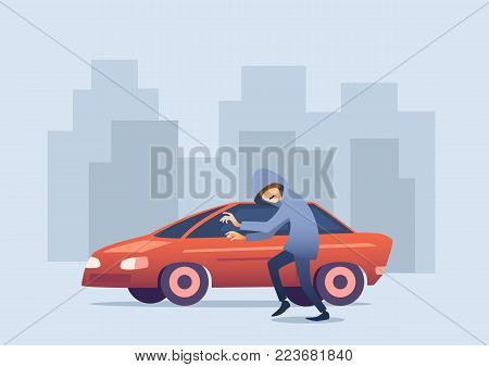 Conceptual horizontal car insurance banner, flat design. Thief in hood sneaks to car to steal against background of silhouettes of houses, vector illustration.
